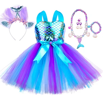 Mermaid Tutu Elbise Kızlar için Deniz Altında Tema Doğum Günü Partisi Balo Balık Pulu Desen Tül Çocuklar Prenses Kostüm Kıyafetler