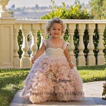 Moda Sevgiliye Çiçek Kız Elbise Bebek için 2023 Yaz Katmanlı Kolsuz Boncuk Düğün Parti Törenlerinde فساتين اطفال للعيد