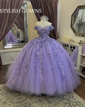 Muhteşem Leylak Mor Balo elbisesi Quinceanera Elbise 2023 Tül Boncuklu Çiçek Kapalı Omuz Balo elbisesi Tatlı 16 15 Mezuniyet