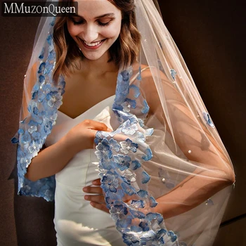 MZA42-S Entelektüel Elegance Açık Mavi Dantel Çiçek Welt 1 M Peçe Boncuklu Saç Tarak Gelin Düğün Nişan Aksesuarları
