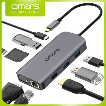 Omars 9-in - 1 USB HUB Tipi C HDMI uyumlu VGA HUB PD 100W Şarj Cihazı USB 3.0 RJ45 Adaptörü SD TF kart okuyucu MacBook Anahtarı