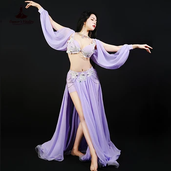 Oryantal Dans Elbise Takım Elbise Kadınlar için Oryantal Dans Kıyafeti Sutyen + uzun Etek Kollu 3 adet Özelleştirilmiş Yetişkin Oryantal Dans Popsong Seti