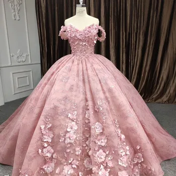 Pembe Parlak Sevgiliye Quinceanera Elbiseler Balo 3D Çiçek Dantel Aplikler Akşam Parti Elbise Lace Up 2023