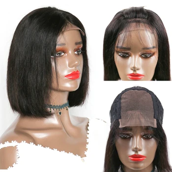 Perulu düz insan saçı Peruk Siyah Kadınlar İçin 4X4 Dantel Kapatma Kısa Bob peruk insan saçı Peruk Doğal Renk