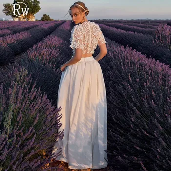 Ramanda Pastrol O-boyun Yarım Kollu Çiçek Aplikler A-Line düğün elbisesi Gelin İçin 2022 İki Adet Fermuar Şifon Robe De Marié