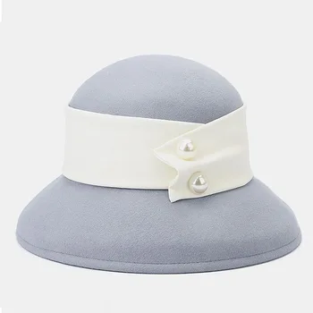 Retro Tarzı Kış Kadın Fedoras Perals Düğme PU Bant Hakiki Yün Cloche Şapka Sıcak Keçe Disket Geniş Ağız Elbise Resmi Kilise Şapka