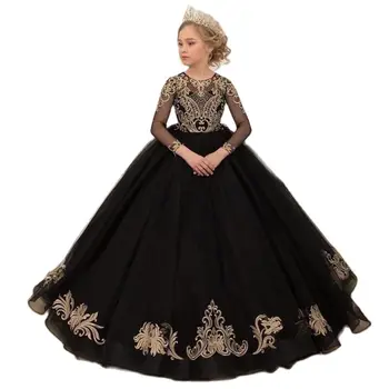 Siyah Uzun Çiçek Kız Elbise O Boyun Aplikler Parti Düğün balo elbisesi Tam Kollu Tül Çocuk Doğum Günü Pageant Elbise