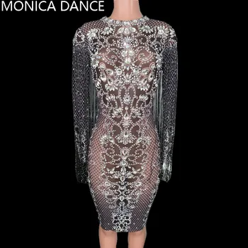 Siyah Çıplak Mesh See Through Şeffaf kristal elbise Seksi Sahne Akşam Parti Rhinestones Elbise Doğum Günü Püskül Saçaklar Elbise