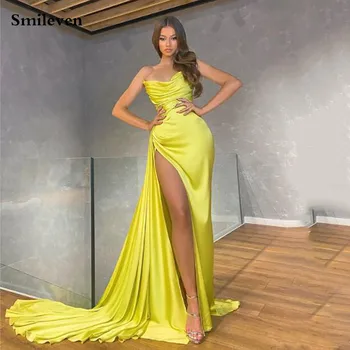 Smileven Sarı Seksi V Boyun Mermaid Abiye Straplez Yüksek Yan Bölünmüş balo kıyafetleri Dubai Ünlü Elbiseleri Parti Törenlerinde