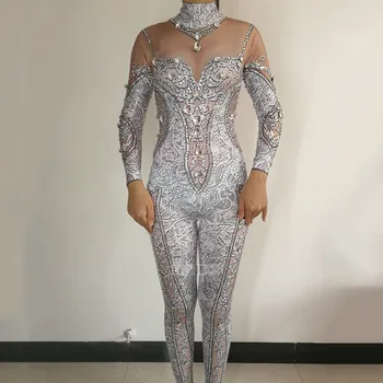 Sparkly Rhinestones Sıska Tulum Seksi Streç Vintage Baskı Sıkı Leotard Kadın Sahne Performansı Kostüm Dans Elbise