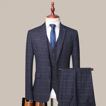 Takım elbise Erkek 2023 Klasik Ekose Desen Bahar Mavi 3 Adet(blazer+pantolon+yelek) resmi İş Seti Düğün Parti Ropa Hombre