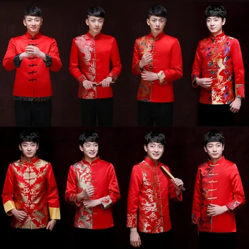 Tang Takım Elbise Kırmızı Geleneksel Çin Giyim Erkekler Hanfu Nakış Üst Ejderha Baskı Vintage Saten Kung Fu Yeni Yıl Partisi Görgü Kuralları