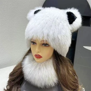 Tatlı Ve Sevimli kadın Kürk Şapka Kaliteli Tilki Kürk Kabarık Kürk Şapka Ayı Kulaklar Süslenmiş Sıcak Kürk Şapka Eşarp Seti