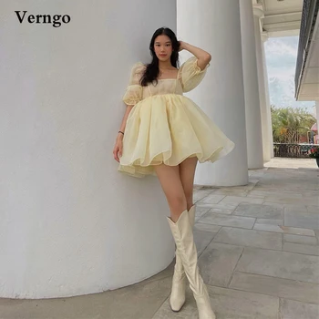 Verngo Sarı Pembe Organze Gelinlik Modelleri Kısa Puf Kollu Kapalı Omuz Lady Homecoming Parti Elbise Üstü Diz Örgün önlük