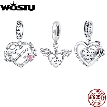 WOSTU 925 Ayar Gümüş Sevimli Kalp Kedi Charm Kolye Cupid'in Ok Boncuk Kadınlar için Fit Orijinal Bilezik DIY Kolye Takı