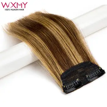 WXMY Klip Ins saç ekleme İnsan Saçı # 4P27 Kahverengi Sarışın Düz Doğal Remy Saç 2 Klipler Tek Parça 7-17 g / adet