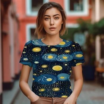 Yaz Yeni Bayan Büyük Boy T-shirt 3D Yıldızlı Gökyüzü Baskı Desen T-shirt Sokak Moda Eğlence Bayanlar Yuvarlak Boyun T-shirt