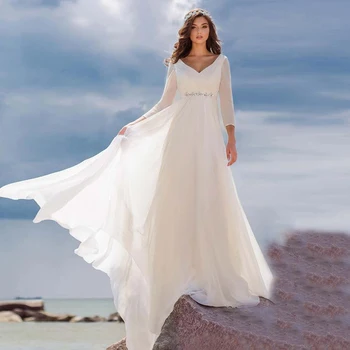 Yeni Şifon gelinlikler 2021 Basit V Yaka Uzun Kollu Yaz Plaj düğün elbisesi Boncuklu Mariee