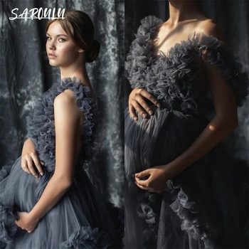 Yüksek Kaliteli Tül Örgü hamile elbisesi Elbiseler Photoshoot için Kabarık Ruffled sabahlık Gelin Anne İçin Özel Yapılmış