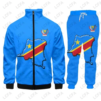 Zaire DR Kongo Bayrağı Zip-up Hoodies Ceket Pantolon Eşofman Erkekler Baskı Boy Afrika Kazak Kazak Unisex Giyim Dropship