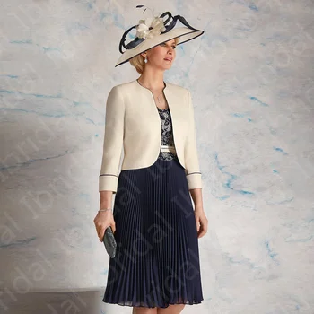 Zarif 2023 Lacivert Anne Elbise Ceket ile İki Adet Düğün Törenlerinde Dantel anne Damat Elbise Çay Boyu