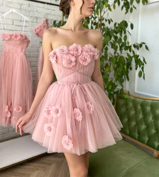 Zarif 3D Çiçek Çıkartması Balo Elbise 2023 Mini Kolsuz Tül Pleats Prenses Parti Elbisesi Mezuniyet için Fermuarlı
