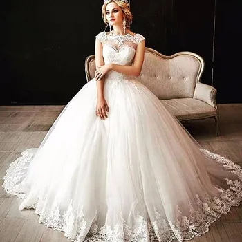 Zarif Cap Sleeve Balo 2018 Yeni Aplikler Tül Gelin kıyafeti vestido de noiva robe de mariage anne Gelin Elbiseler