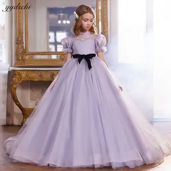 Zarif Leylak Kabarık Prenses Kısa Kollu Çiçek Kız Elbise Düğün İçin 2023 O-boyun Çocuklar Doğum Günü Partisi İlk Communion Abiye