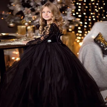 Zarif Siyah Çiçek Kız Elbise Düğün İçin Tül Balo Uzun Kollu Tül İlk Komünyon Elbiseler Küçük Kızlar İçin