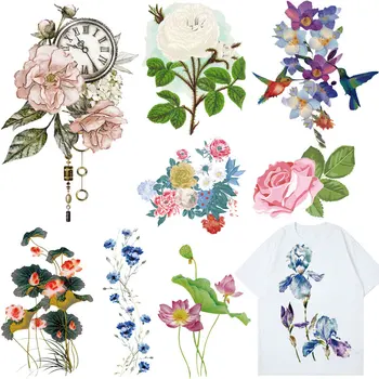 Çiçek Demir on Transferler Giyim için Mavi Çiçekler Yamalar Giysi Güzel Kırmızı Pembe Gül Termo Çıkartmalar Sanat Lotus Aplike