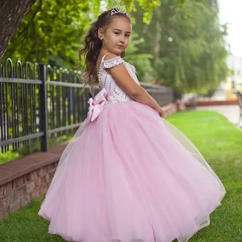 Çiçek Kız Elbise Dantel Aplike Düğün İçin Uzun Kollu Prenses Kız Örgün Önlük İlk Komünyon Pageant elbise