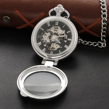Şeffaf Kılıf Gümüş Tek Taraflı Mekanik cep saati erkek Kolye Kolye Saat Retro Beyefendi Aksesuarları