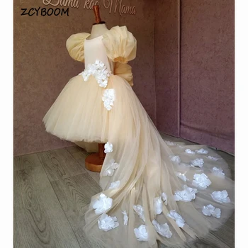 Güzel O-boyun Yüksek Düşük Puf Kollu Yay Çiçek Kız Elbise Düğün İçin 2023 Balo Sweep Tren Prenses İlk Communion abiye
