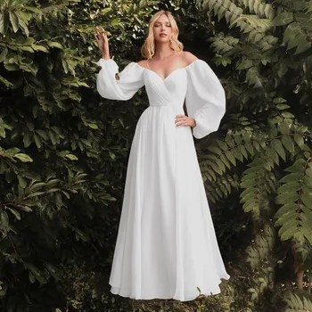 Kapalı Omuz Balo Elbise Uzun Kollu Backless Beyaz Tül Düğün Parti Elbise Klasik Kadın Resmi Elbise Parlayan Abiye giyim