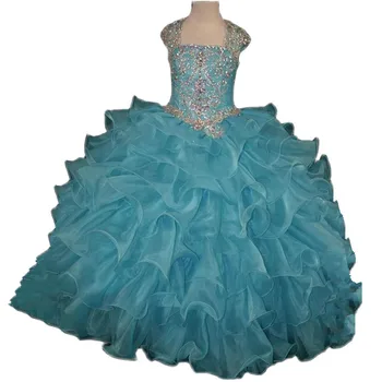 Lüks Kristaller Boncuk Kızlar Pageant elbise Kabarık Organze Çocuk Giysileri Parti Balo Elbise Çiçek Kız Elbise