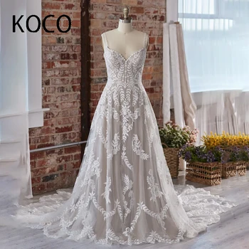 MACDOUGAL Boho düğün elbisesi A-line O-boyun Spagetti Sapanlar Aplikler Mahkemesi Tren vestido de noiva robe de mariée 2023 Kadınlar İçin