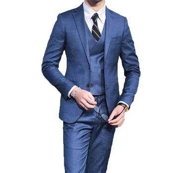 Mavi Üç Adet Yaka Tek Sıra İki Düğme Erkek düğün elbisesi En İyi Erkek Smokin Düğün Takımları Peaky Bağlayıcılar (Ceket + Pantolon + Yelek)