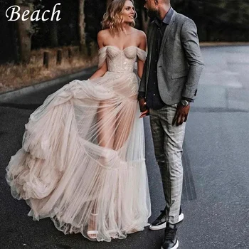 Plaj Illusion Kapalı Omuz düğün elbisesi Kadınlar İçin 2023 Dantel Aplikler Backless Ruffles İle Bir Çizgi Basit gelin kıyafeti