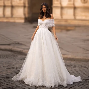 Prenses Sevgiliye A-Line düğün elbisesi Çıkarılabilir Yay Kollu Tül Nokta Bohemian Lace Up Gelin Kıyafeti Backless Sweep Tren