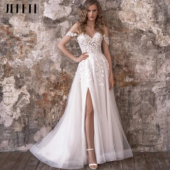 Romantik Sevgiliye Boyun A-Line düğün elbisesi 2023 Muhteşem Aplikler Ön Bölünmüş Kapalı Omuz Bohemian gelin kıyafeti Lace Up