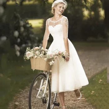 Sevgiliye Kısa Yarım Kollu düğün elbisesi 2023 Backless Dantel Aplike Ucuz Kadın Kısa Gelin Kıyafeti BrideRobe De Marie