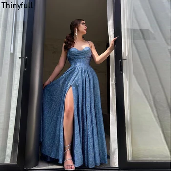 Thinyfull A-line Akşam Parti Kıyafeti Sevgiliye Kolsuz Balo Elbise 2023 Spagetti Kayışı Bölünmüş Sparkly Resmi Olay Elbisesi