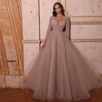 Xijun Uzun Tül balo kıyafetleri Uzun Kollu V Yaka Kristal Payetli Boncuk A-Line Abiye Düğün Parti Kıyafeti 2022