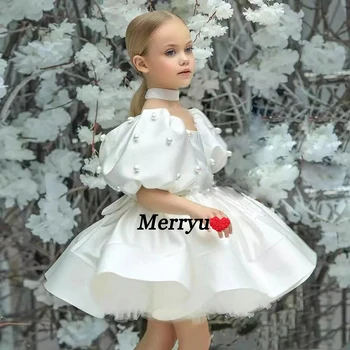 Yeni Beyaz Çiçek Kız Elbise Prenses Düğün Parti Elbise Zarif Resmi Saten İnciler Çocuklar İlk Communion Elbise