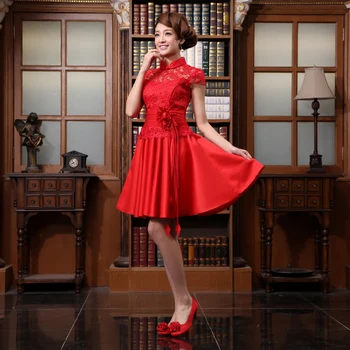 ücretsiz kargo cut out elbise gelin moda kırmızı 2014 vintage dantel kısa bayrak tek parça elbise organze balo gelinlik modelleri
